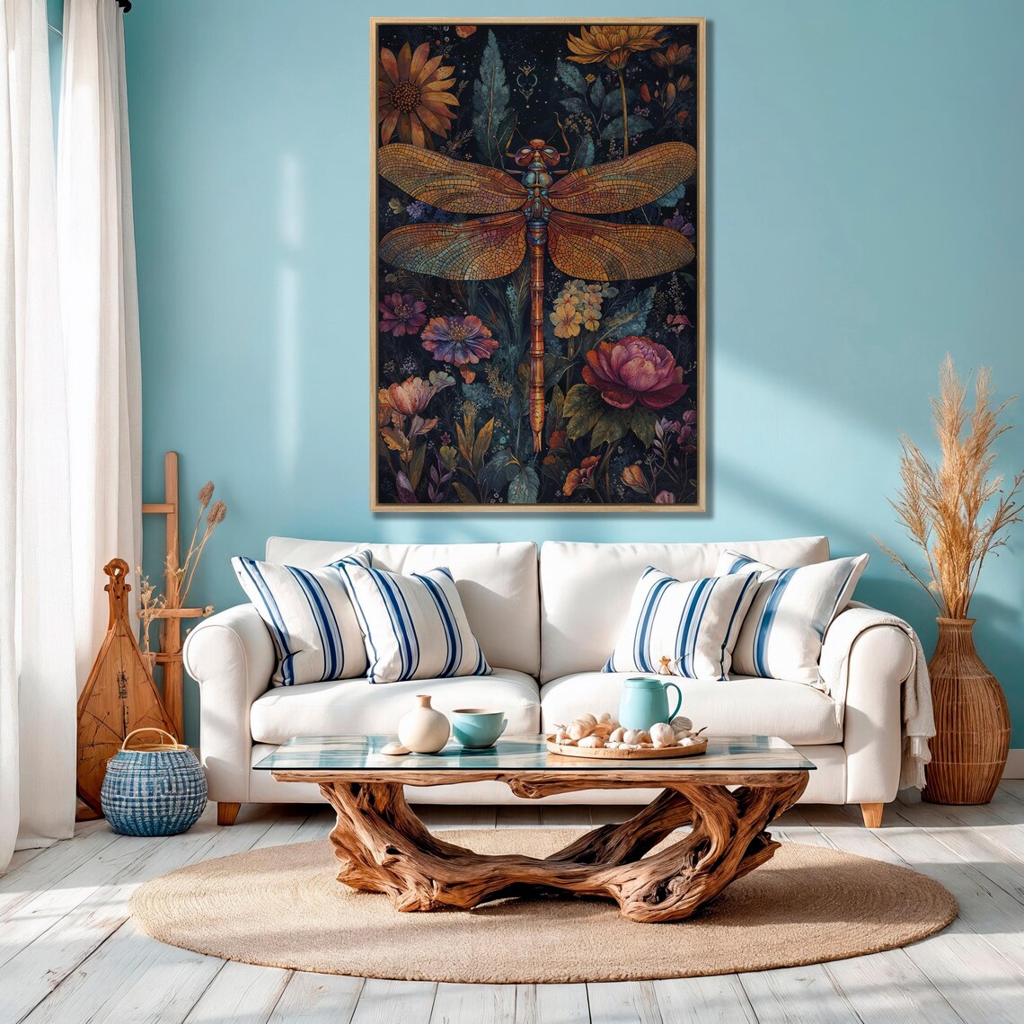 Iridescent Orange Dragonfly in a Purple Night Garden Scene Poster - Image 4