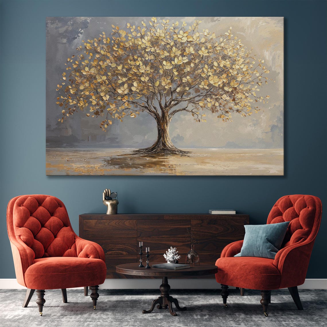 Golden Leaf Tree Standing Alone On Misty Gray Abstract Wall Art - Image 4