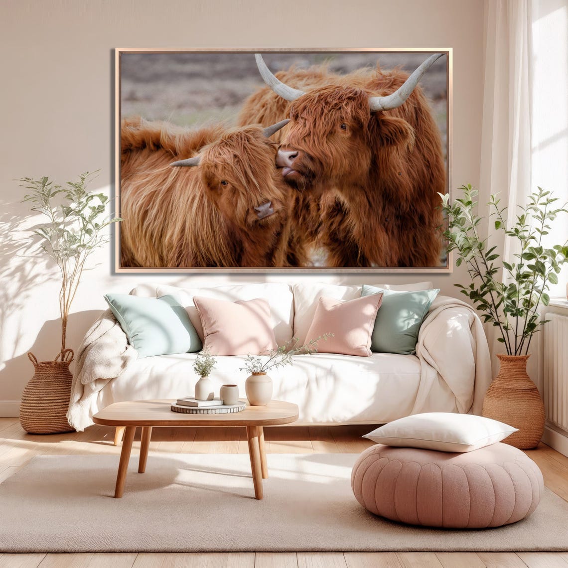 Scottish Highland Cows Nuzzling Cute Farm Animal Rustic Large Wall Art - Image 3