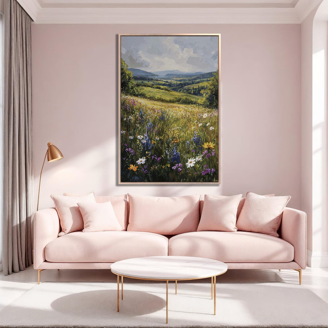 Sunlit Wildflower Meadow Overlooking a Green Valley Vista Poster - Image 5