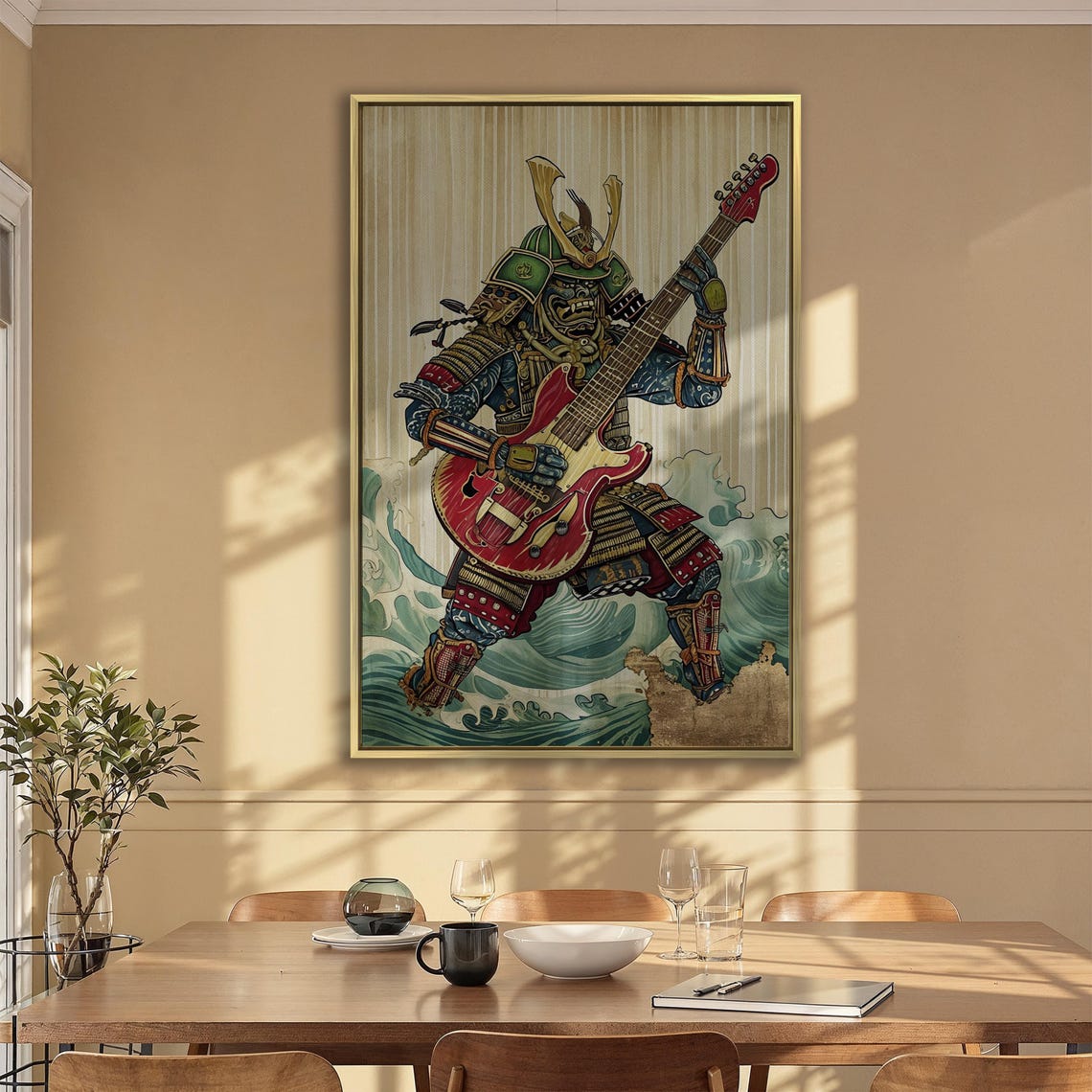 Samurai Playing Red Electric Guitar Japanese Wave Rock Wall Art - Image 3