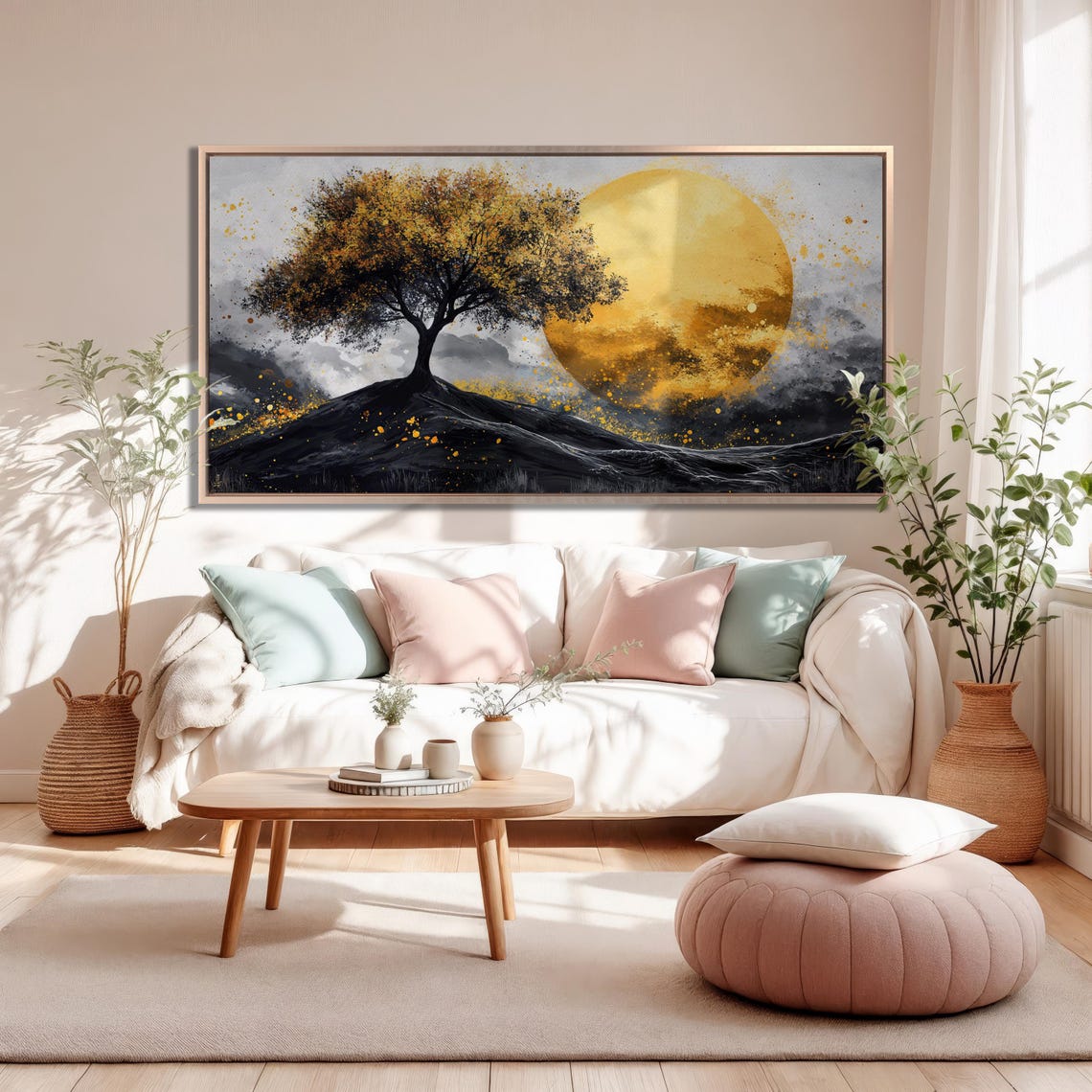 Lone Tree on Dark Hill with Giant Golden Sun Dramatic Art Poster - Image 3