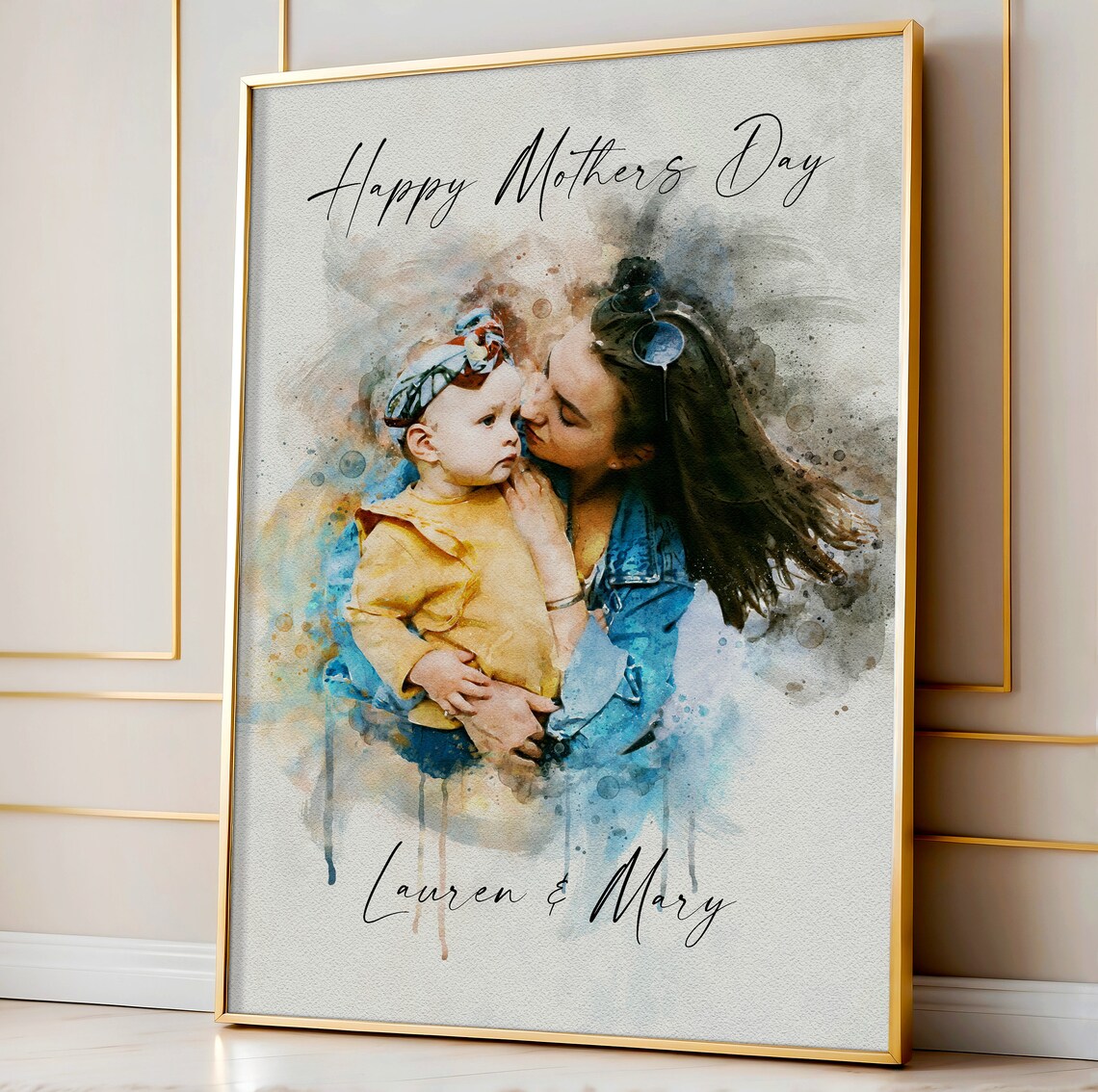 Mother Kissing Baby Watercolour Portrait Happy Mothers Day Poster