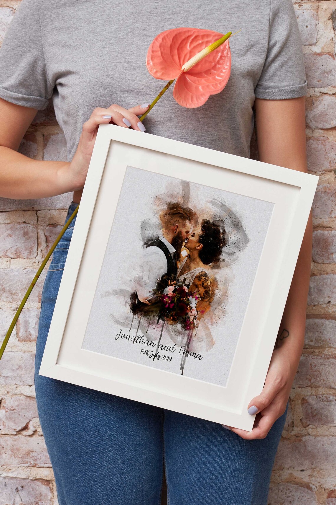 Romantic Couple Embracing Watercolor Portrait Warm Amber Tones Poster - Image 3