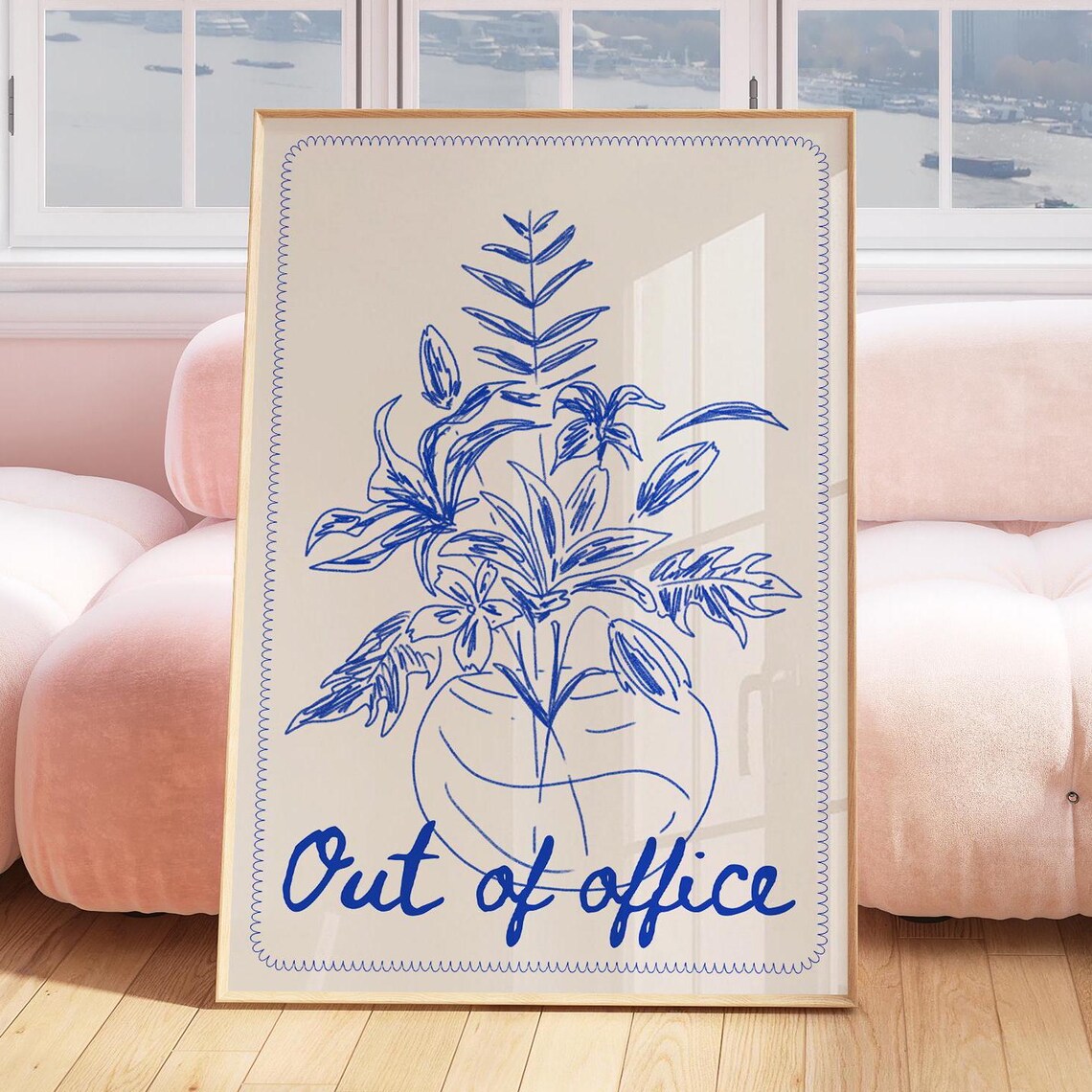 Out Of Office Blue Botanical Line Art Floral Vase Cream Poster