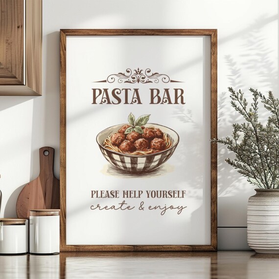 Pasta Bar Italian Kitchen Sign Spaghetti Meatballs Vintage Decor Poster