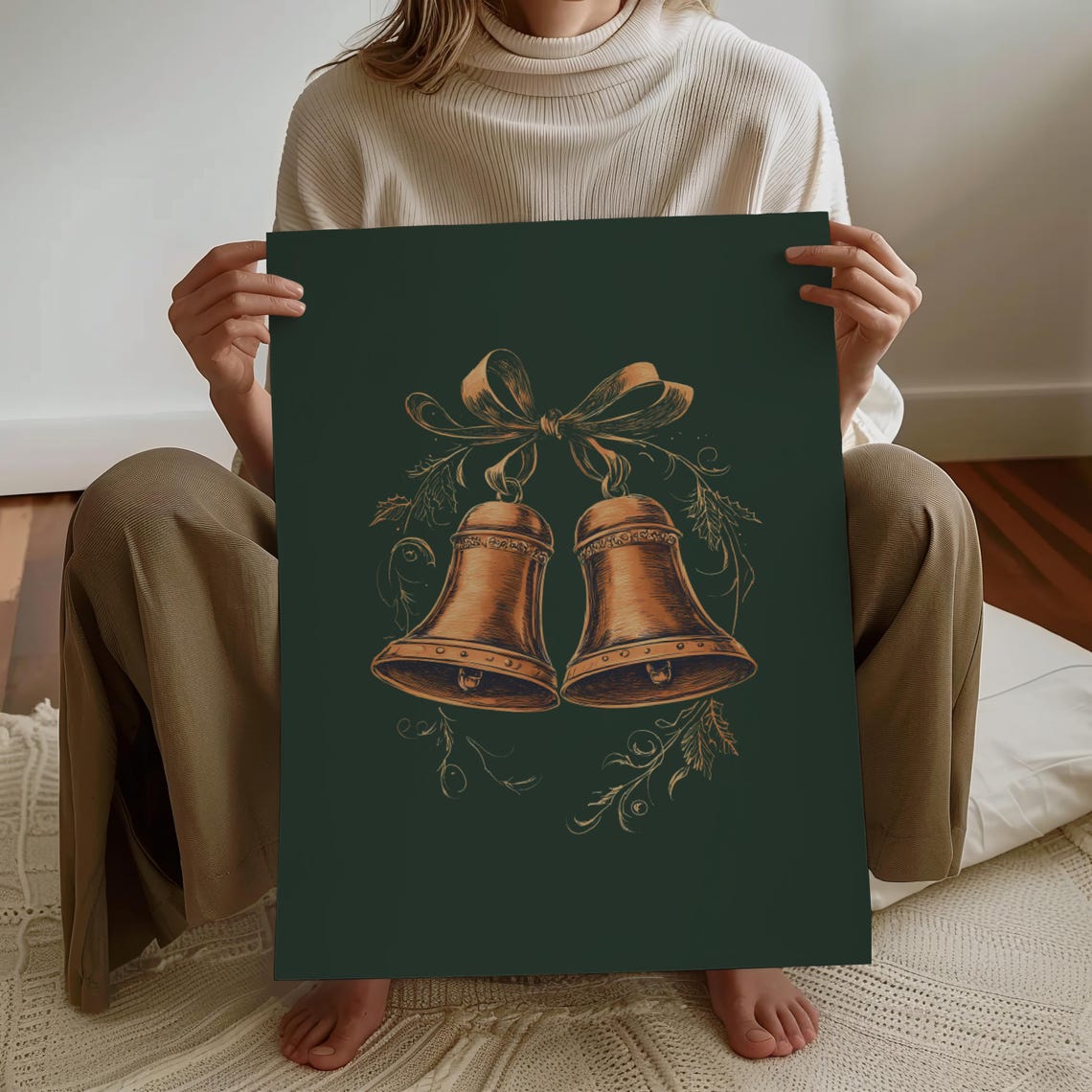 Gold Christmas Bells Bow Vintage Engraving Dark Green Art Poster