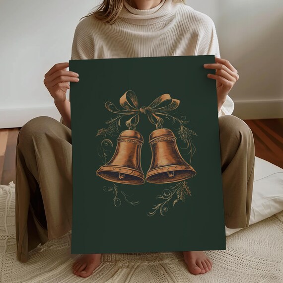 Gold Christmas Bells Bow Vintage Engraving Dark Green Art Poster