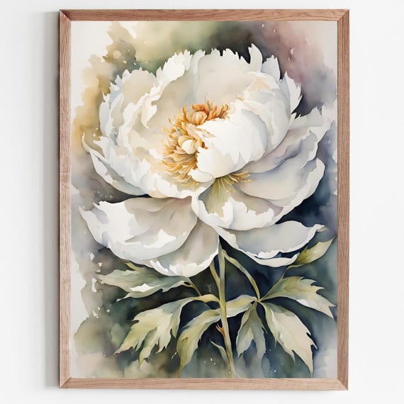 Peony Painting White Flower Watercolor Art Print Large Floral Wall Botanical Rustic Home Decor