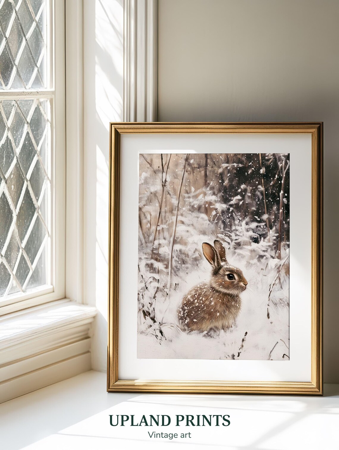 Bunny Rabbit In Falling Snow Winter Woodland Animal Painting Poster - Image 2