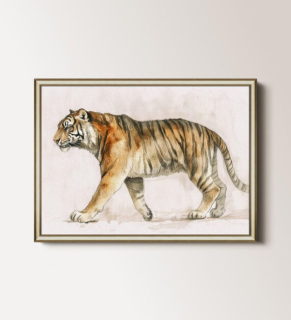 Tiger Walking in Profile Soft Watercolor Big Cat Wildlife Portrait Art Print