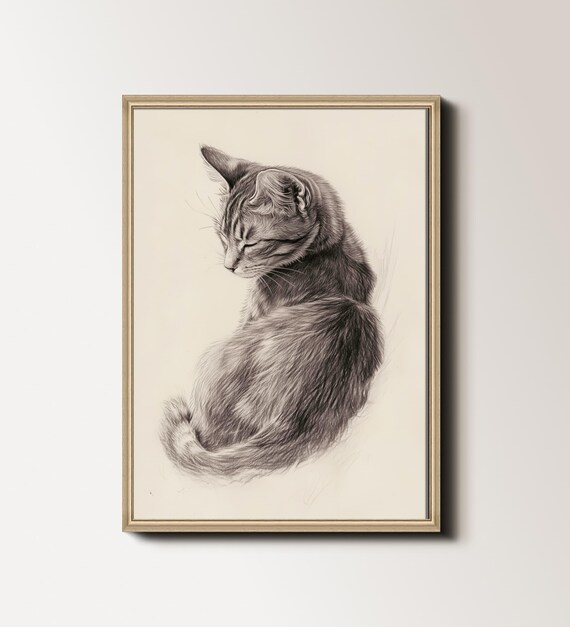 Vintage Cat Drawing, Minimalist Cat Sketch