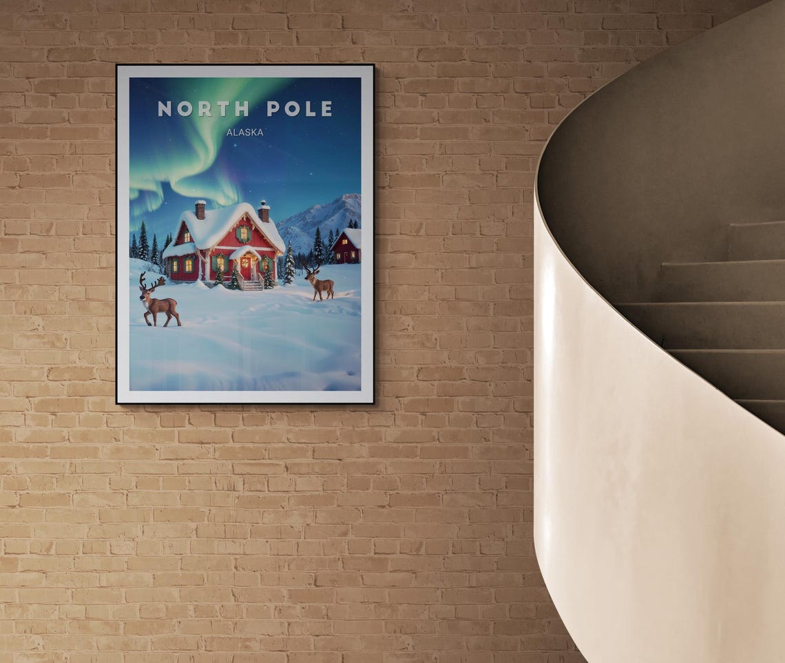 North Pole Alaska Red Cabin Northern Lights Reindeer Winter Poster - Image 3