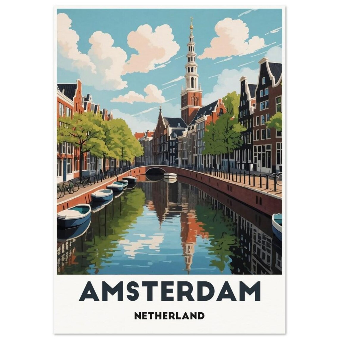 Amsterdam Netherlands Canal With Church Tower And Boats Travel Poster - Image 3