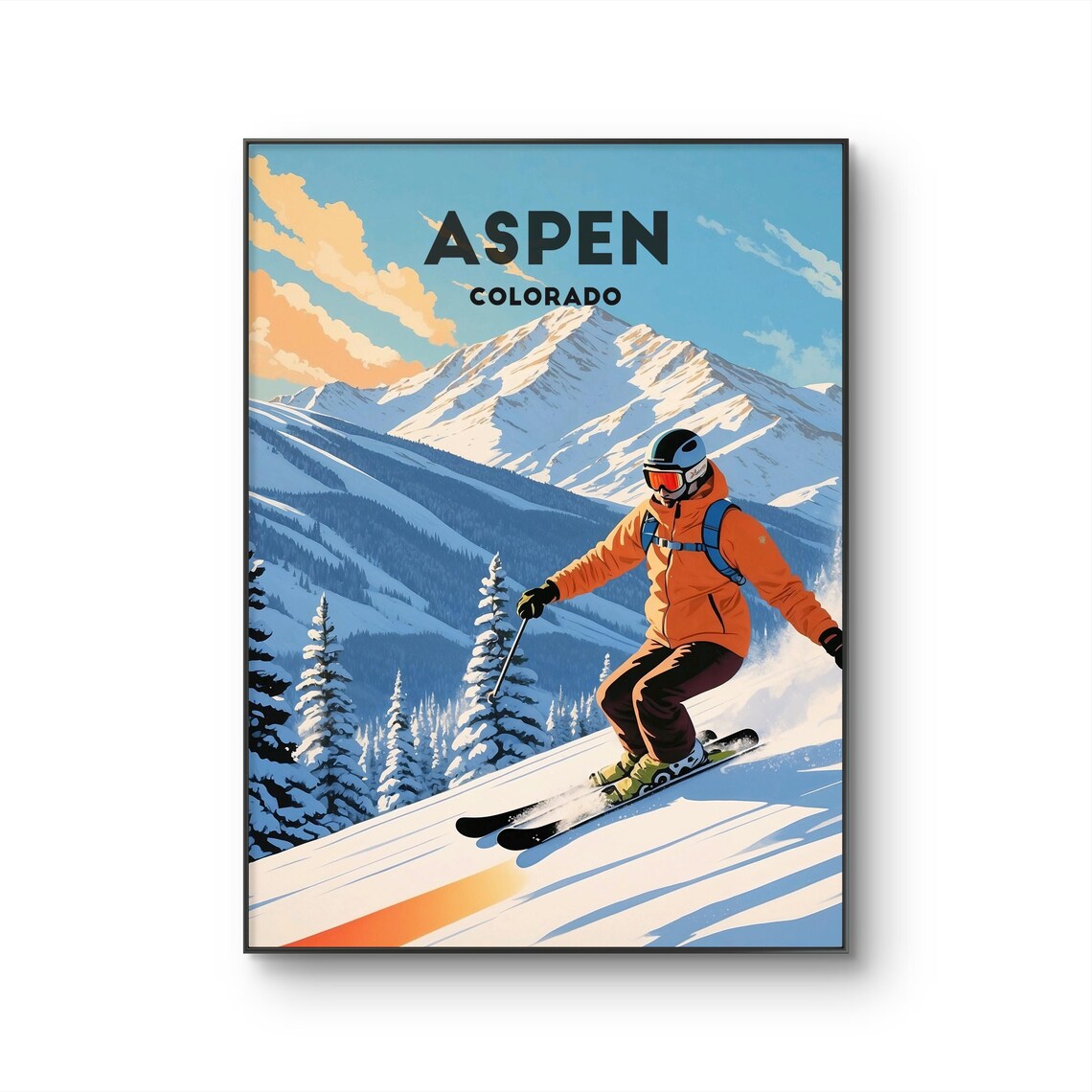 Aspen Colorado Ski Poster With Skier Carving Down Snowy Mountain Slopes - Image 3