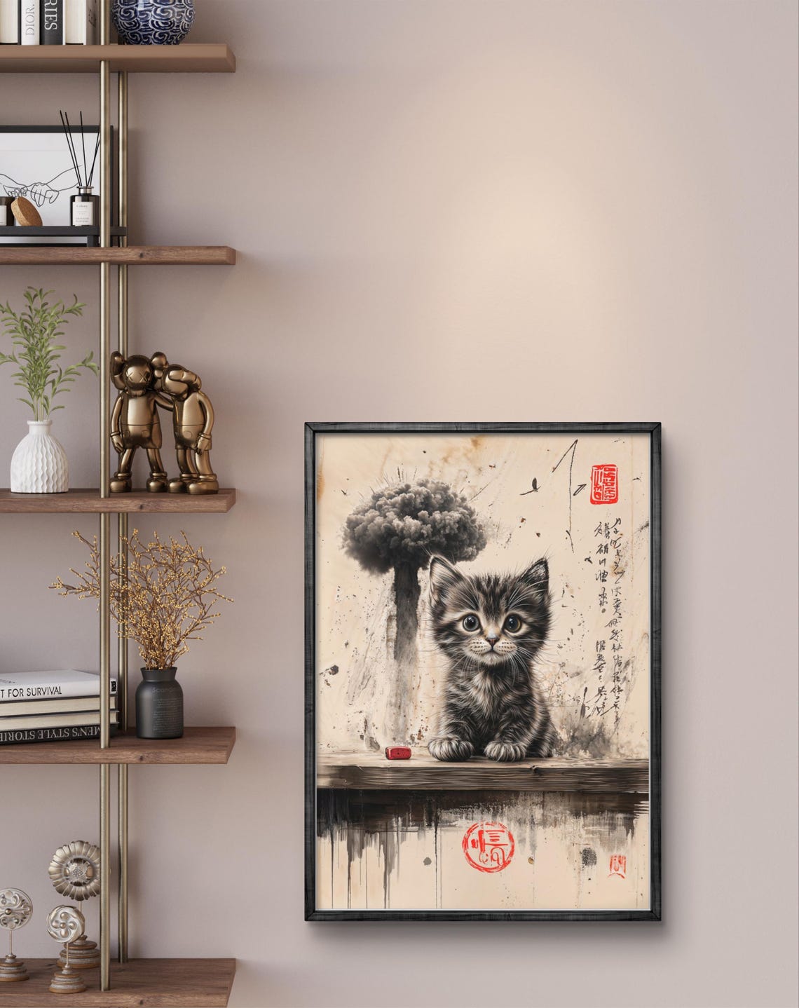Kitten With Nuclear Cloud Surreal Japanese Ink Art Wall Poster - Image 2