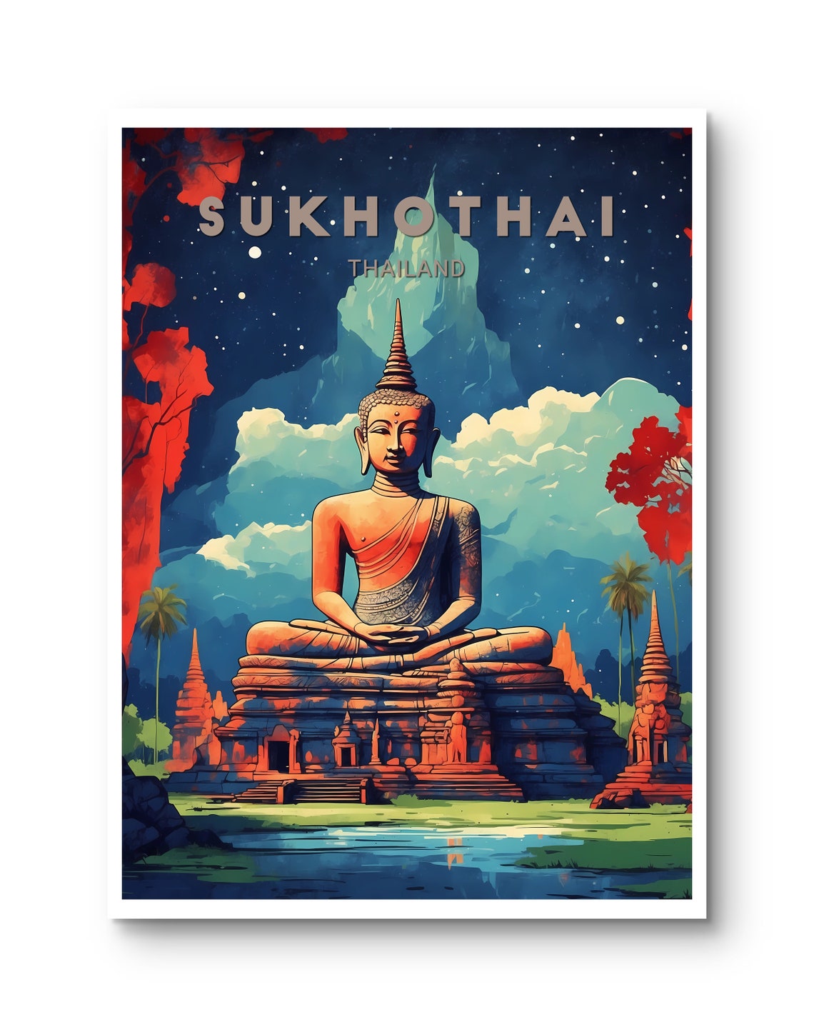 Sukhothai Thailand Ancient Buddha Night Temple Travel Poster - Image 2