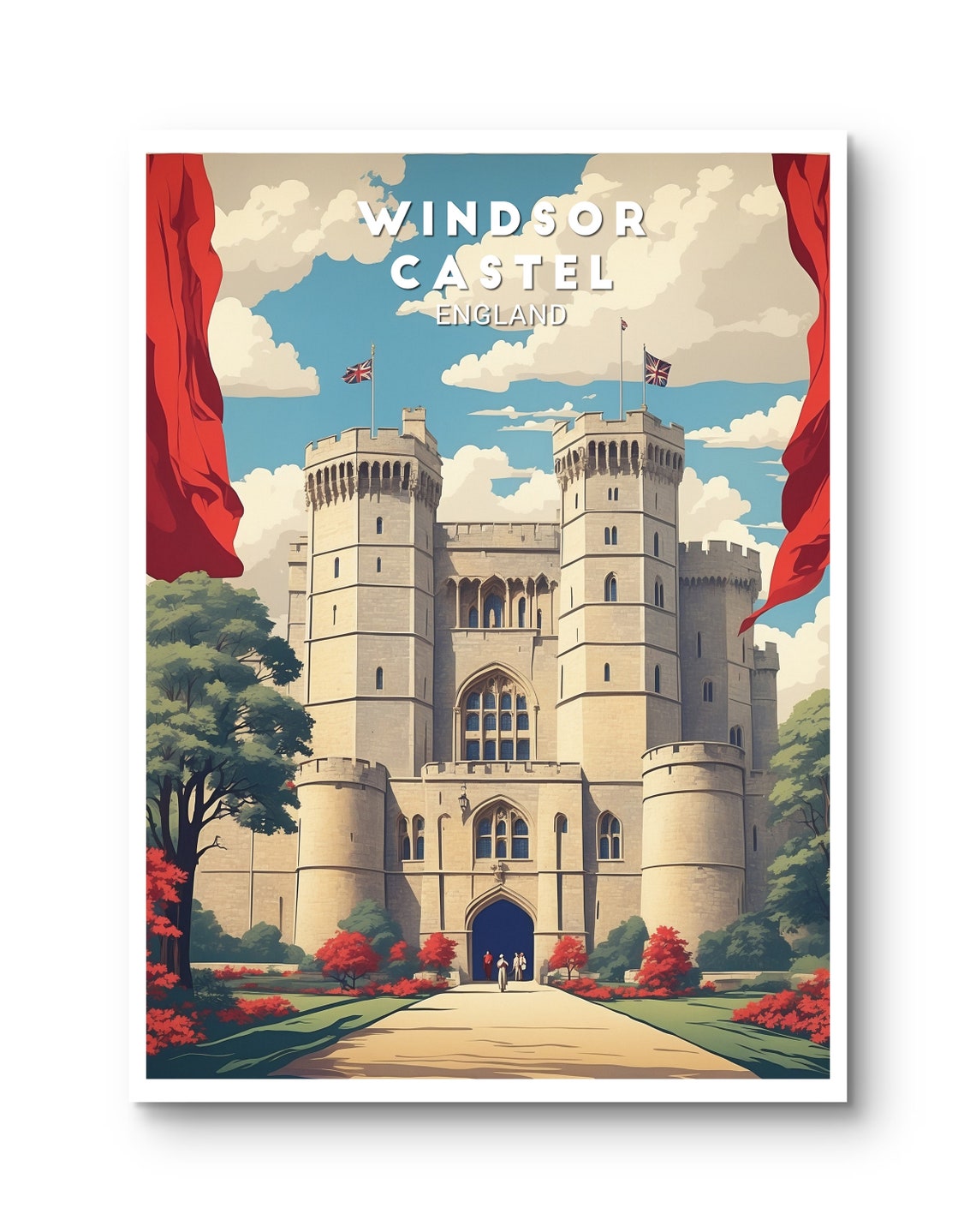 Windsor Castle England Vintage Red Banners Castle View Travel Poster