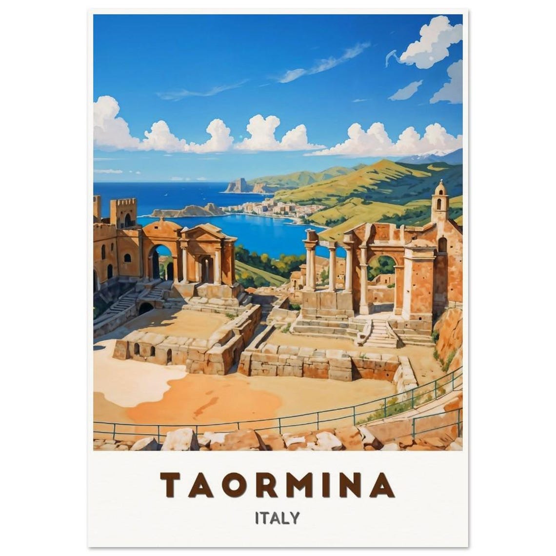Taormina Italy Ancient Greek Theatre Ruins Sea View Art Poster