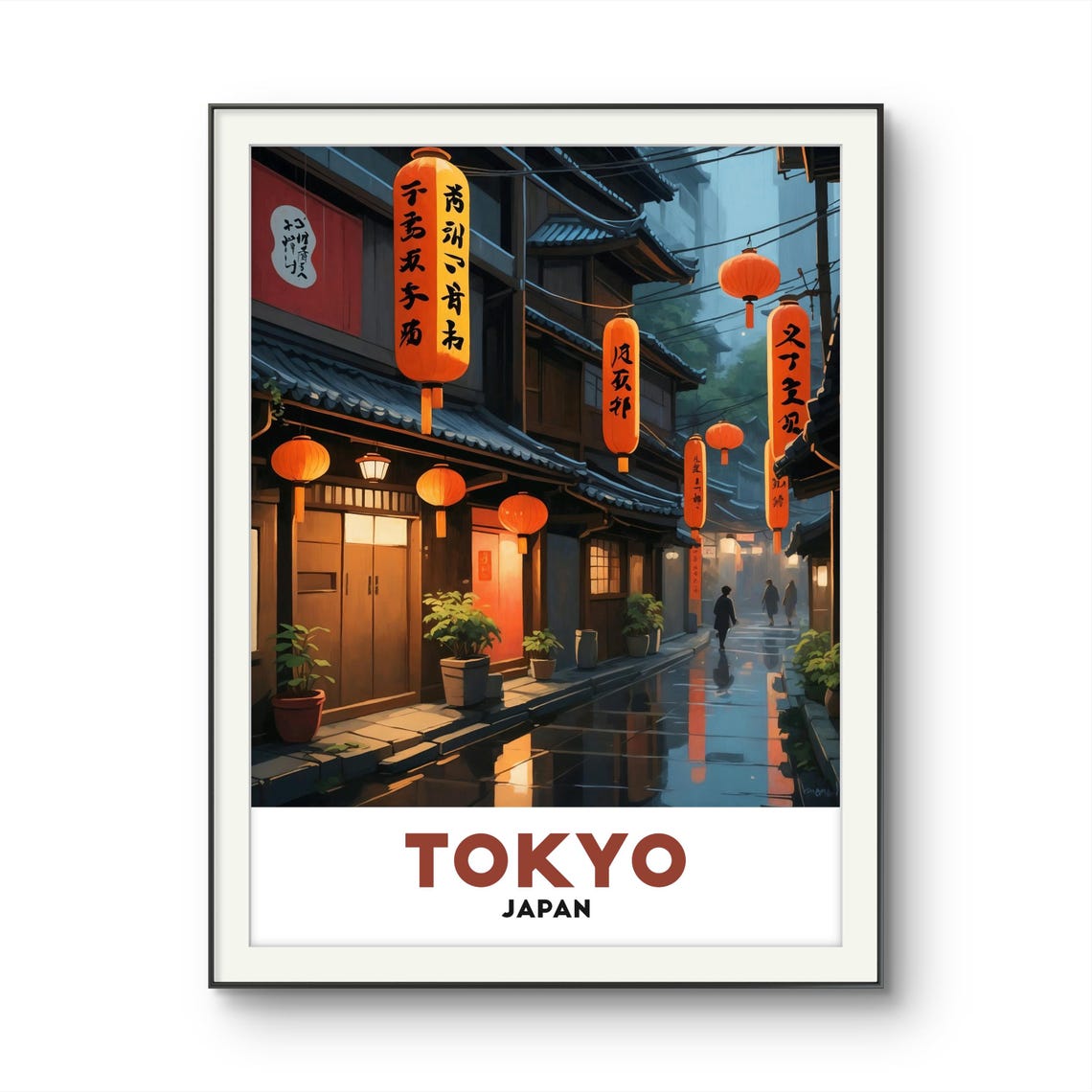Tokyo Japan Lantern Lit Alley in the Rain With Old Wooden Shops Poster - Image 2
