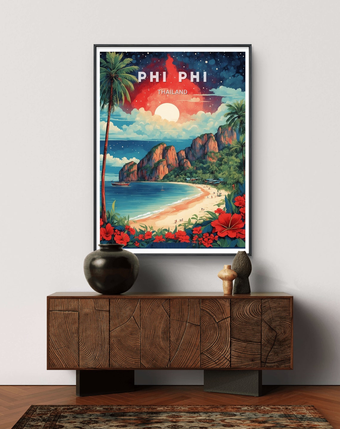 Phi Phi Thailand Tropical Beach Palm Trees Sunset Moon Poster - Image 3
