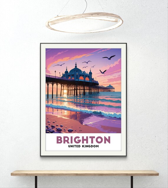 Brighton United Kingdom Pier at Sunset With Waves and Seagulls Poster