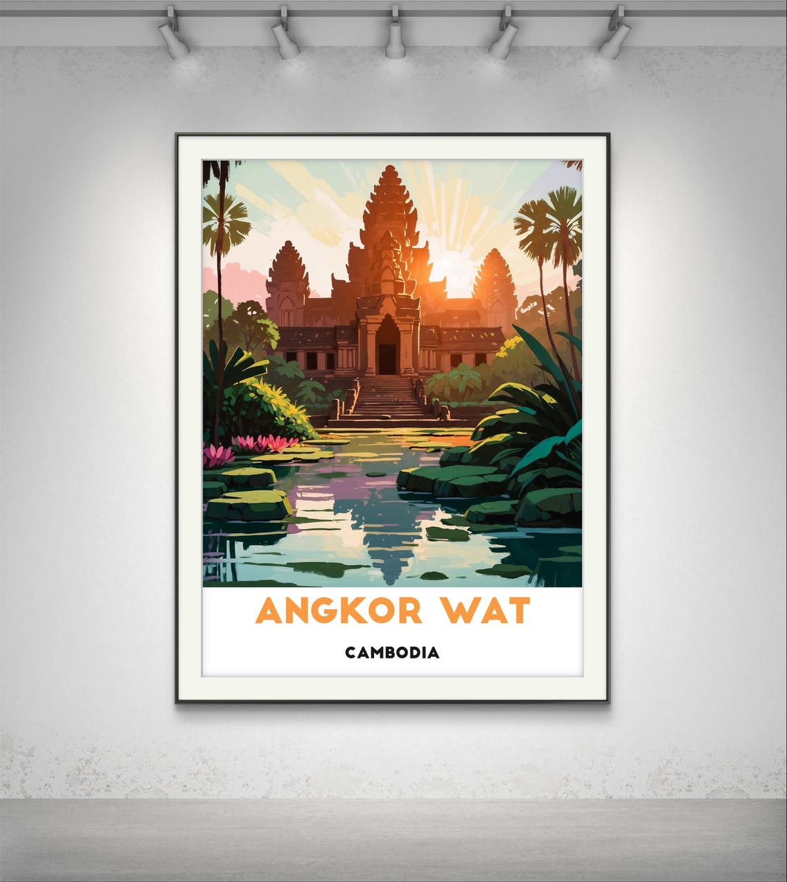 Angkor Wat Cambodia Sunrise Temple Iconic Vintage Travel Poster