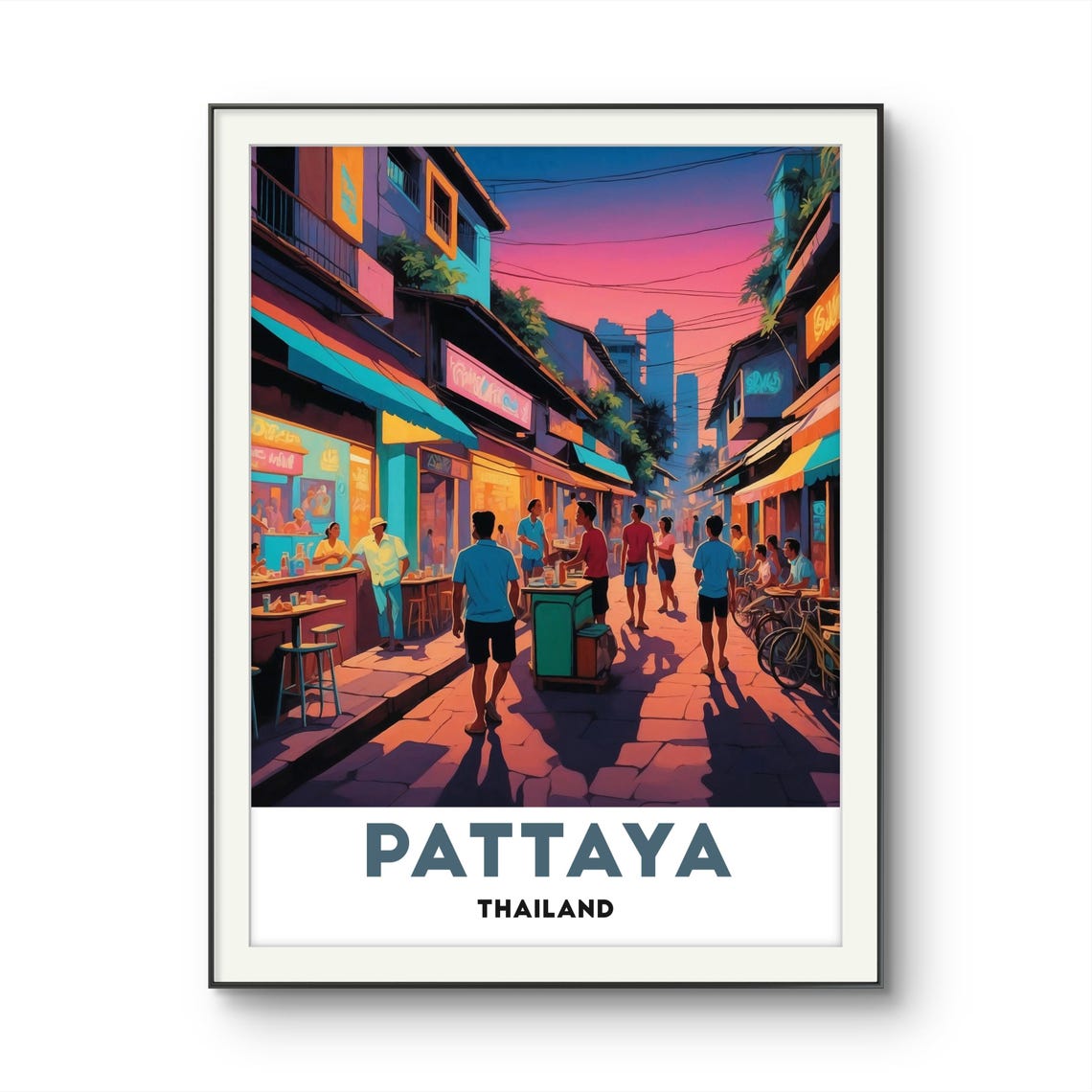 Pattaya Thailand Sunset Street Scene With Neon Shops and Crowds Poster - Image 2