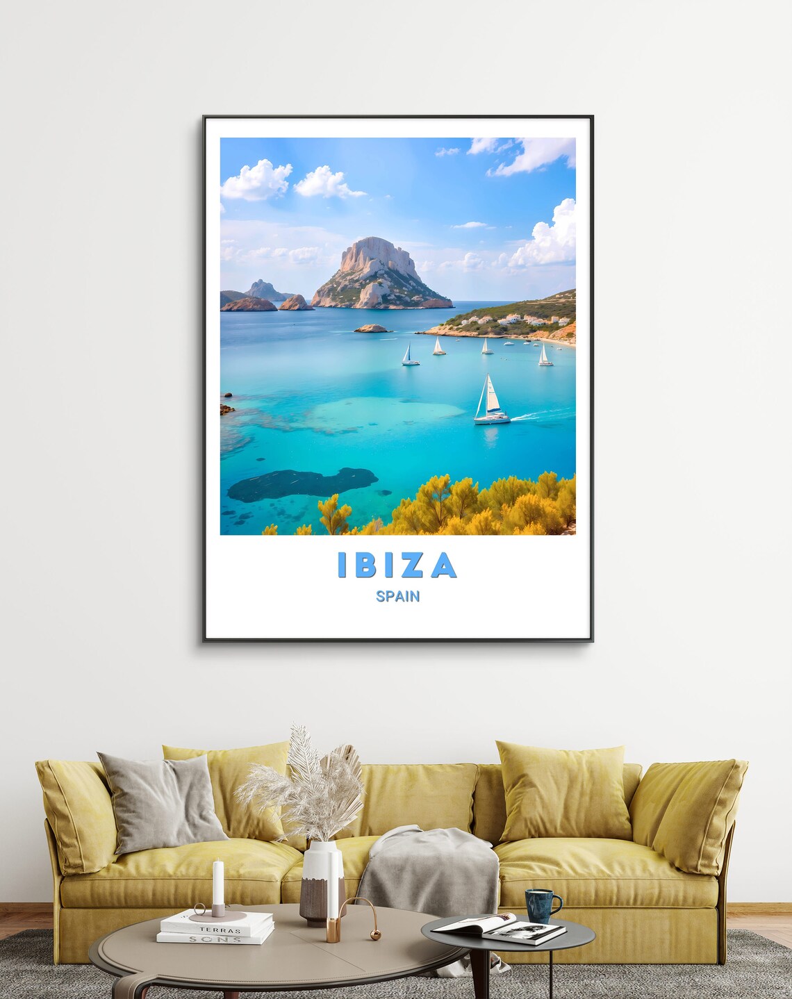 Ibiza Spain Rocky Islet Sailing Boats Coastal Scene Travel Poster - Image 2