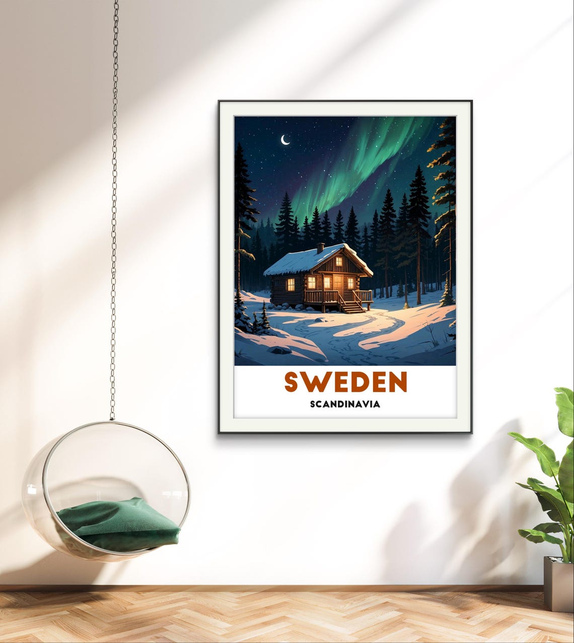 Sweden Scandinavia Cozy Snow Cabin Under Northern Lights Poster - Image 2