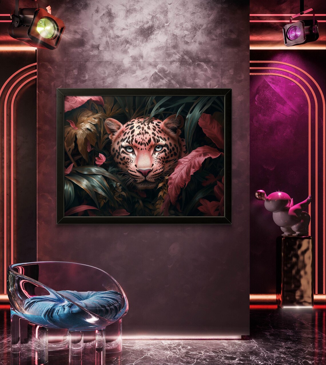 Pink Leopard Peeking Through Dark Leaves Whimsical Art Poster - Image 4