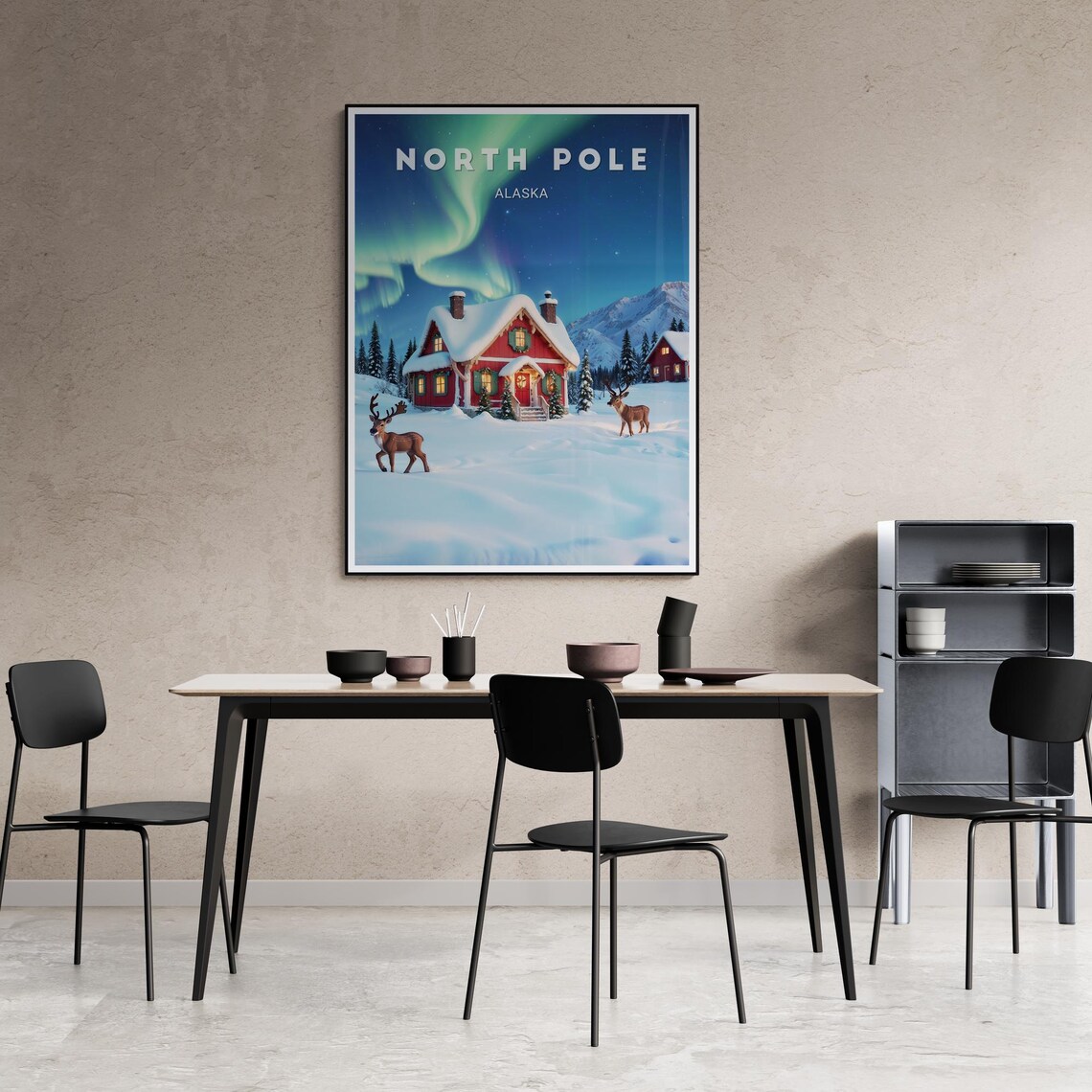 North Pole Alaska Red Cabin Northern Lights Reindeer Winter Poster - Image 2