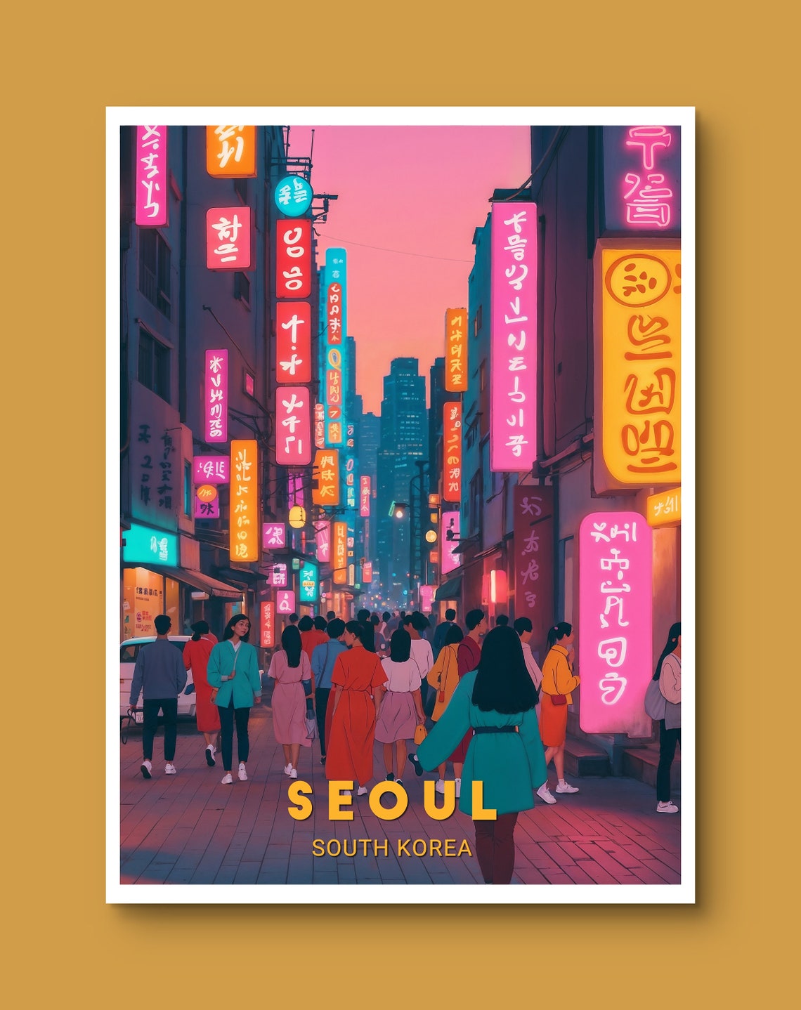 Seoul South Korea Neon Street Nightlife Cityscape Vivid Poster