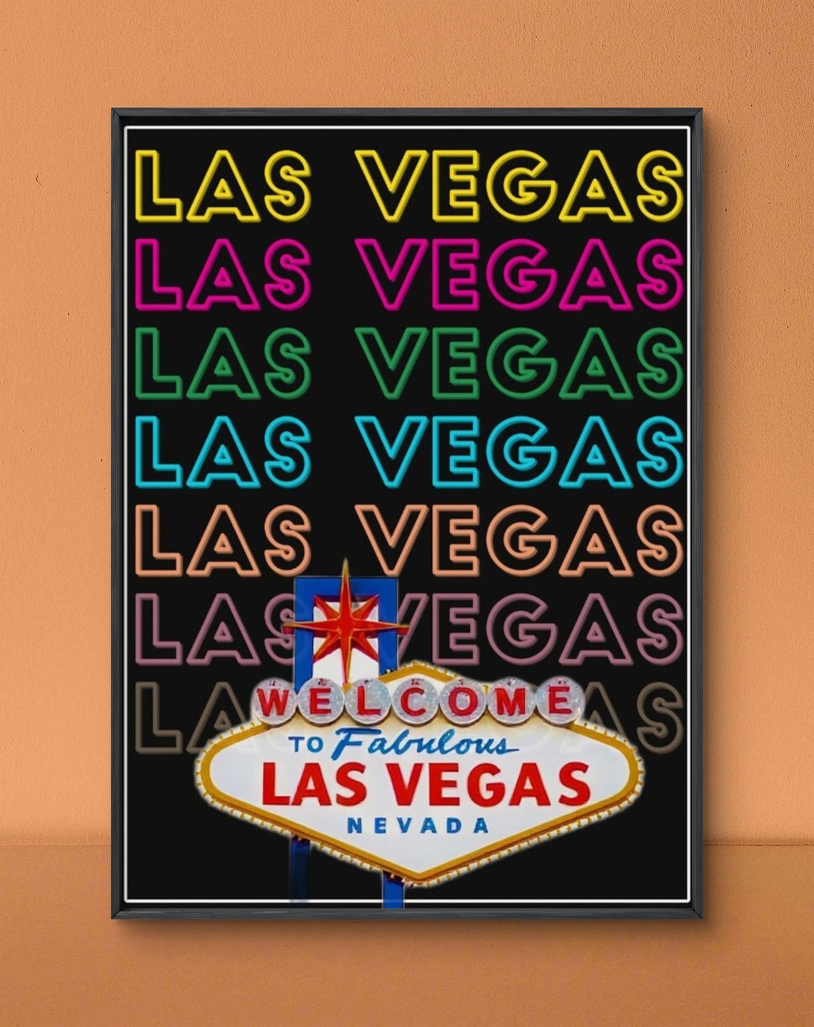 Las Vegas Welcome Sign Colorful Neon Lettering Travel Poster