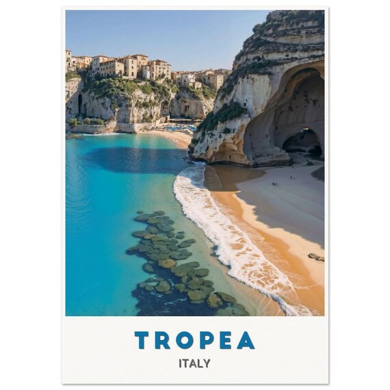 Tropea Italy Turquoise Beach Sea Cave Cliffs Coastal Travel Poster