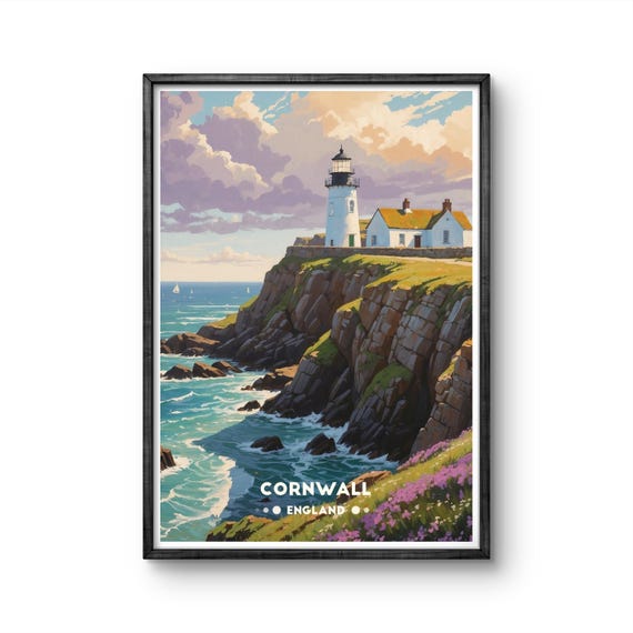 Cornwall Lighthouse Vintage Poster Stunning Coastal Art Print Of Englands Scenic Cliffs