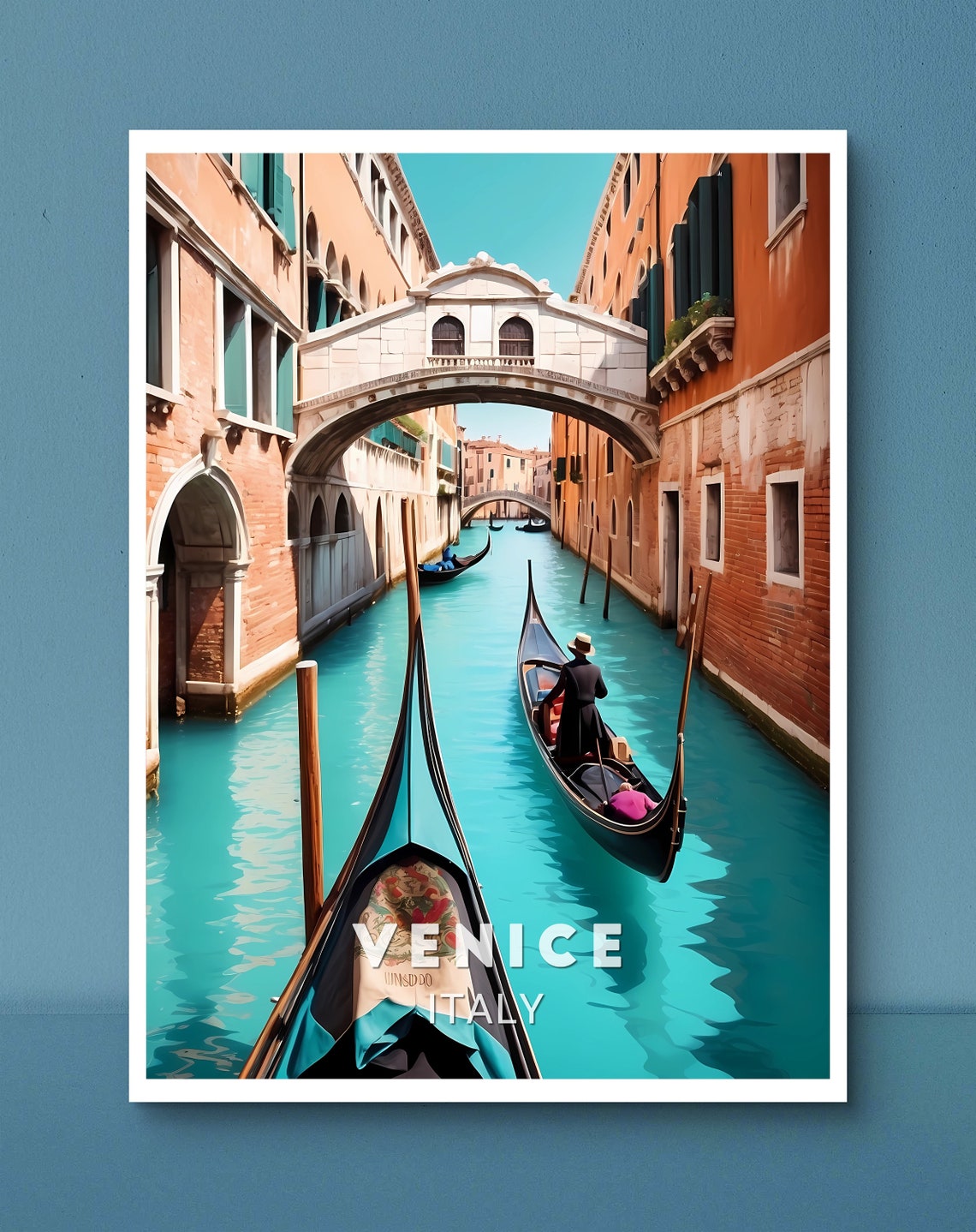 Venice Italy Canalside Gondolas Under Bridge of Sighs Travel Poster