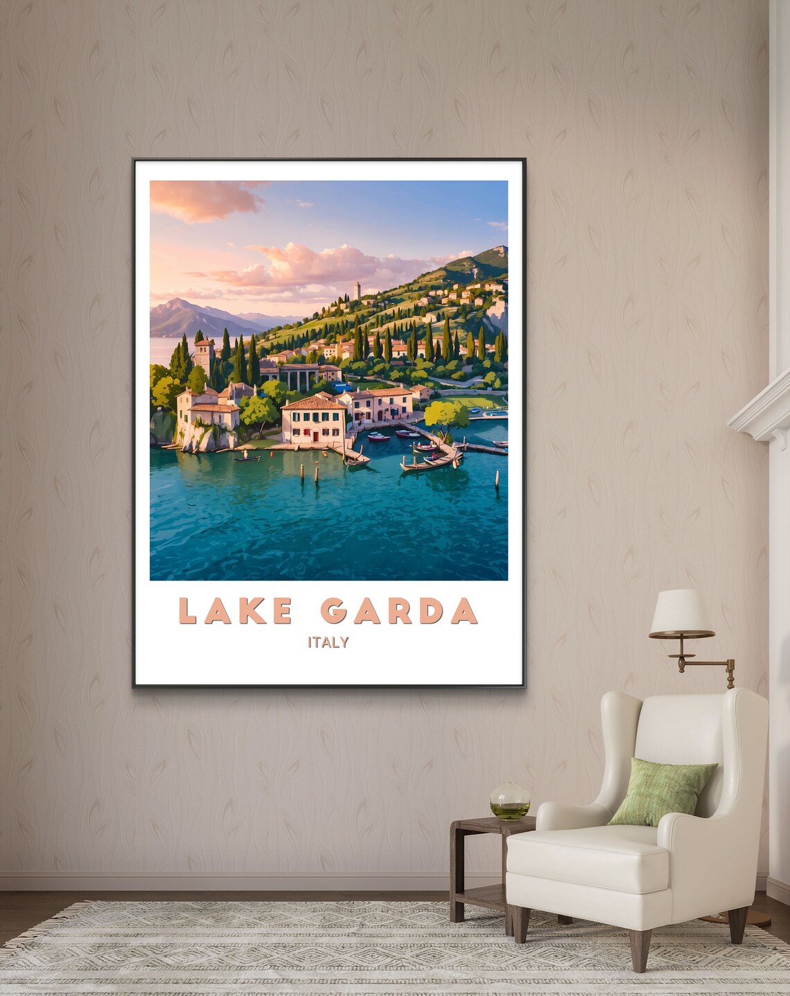 Lake Garda Italy Lakeside Village Sunset Boats Travel Poster