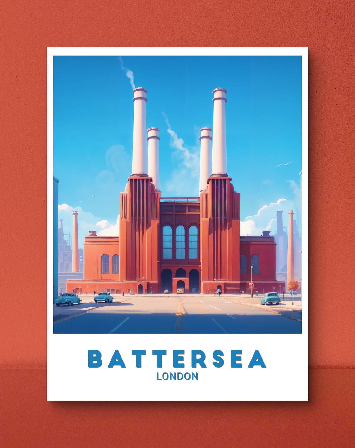 Battersea London Poster Vibrant Art Print Of Battersea Power Station With Retro Cars Battersea Iconic Wall Decor - Image 2