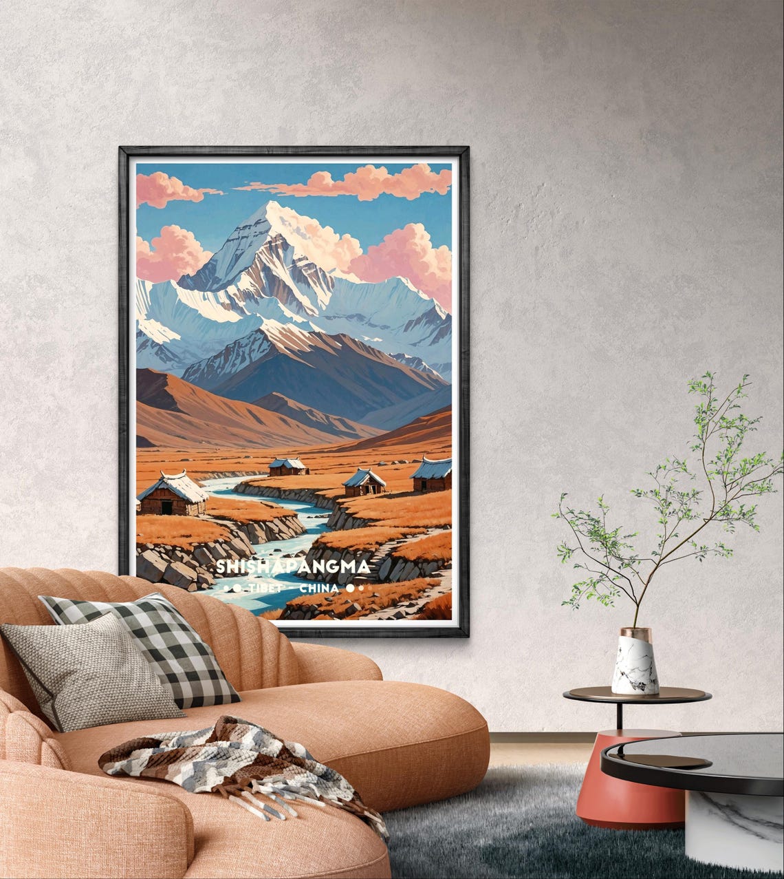 Shishapangma Tibet Golden Valley Village River Mountain View Poster - Image 3