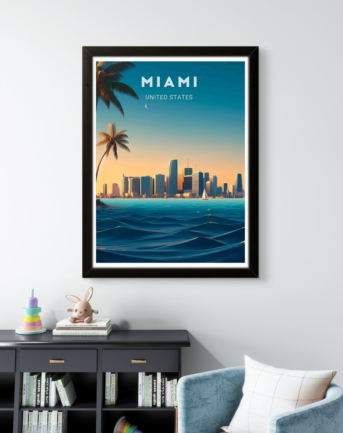 Miami United States Sunset Skyline Ocean Sailboat Palm Poster - Image 3