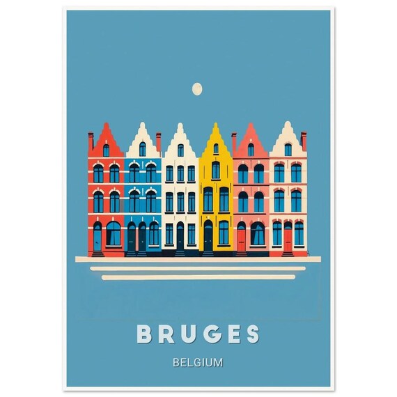 Bruges Belgium Colorful Canal Houses Flat Illustration Poster