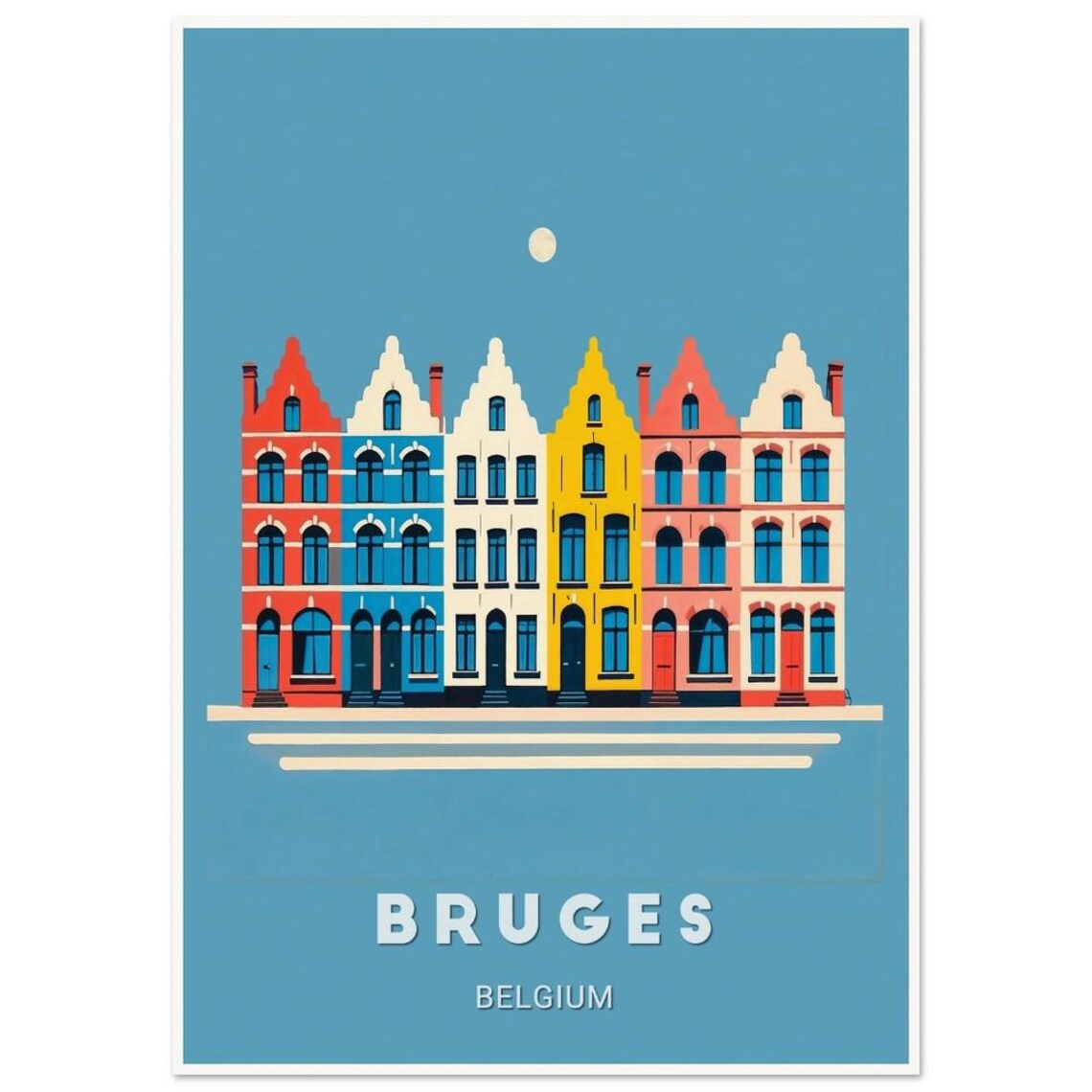 Bruges Belgium Colorful Canal Houses Flat Illustration Poster