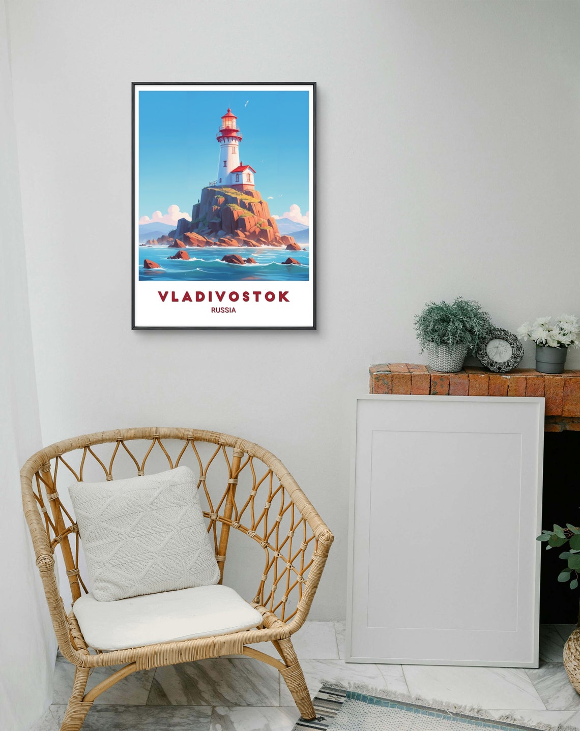 Vladivostok Russia Lighthouse on Rocky Cliff Seascape Art Poster - Image 2