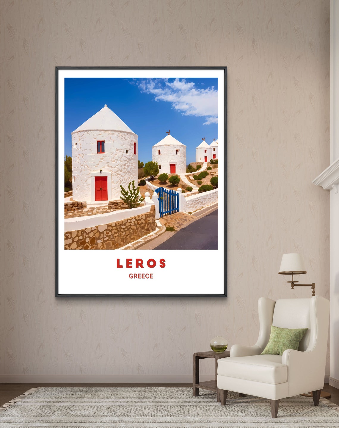 Leros Traditional White Windmills Red Doors Greece Travel Poster