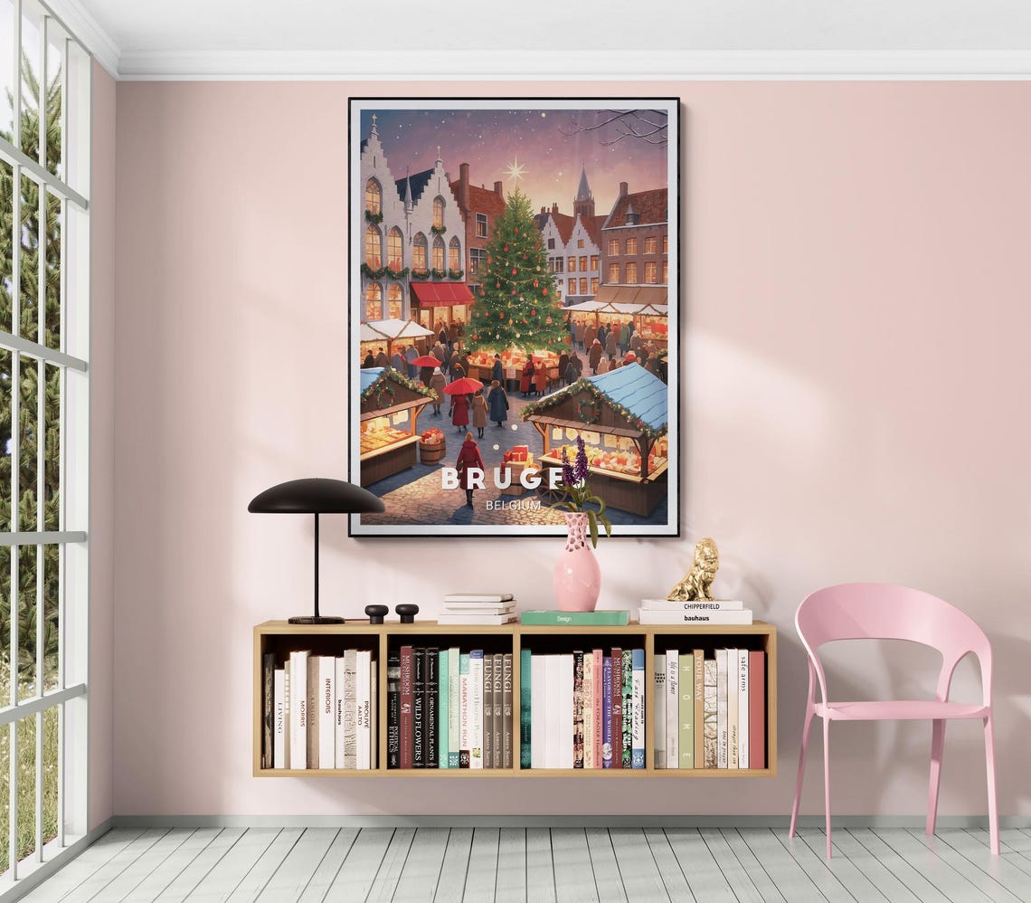Bruges Christmas Market Tree Stalls Snow Belgium Travel Poster - Image 3