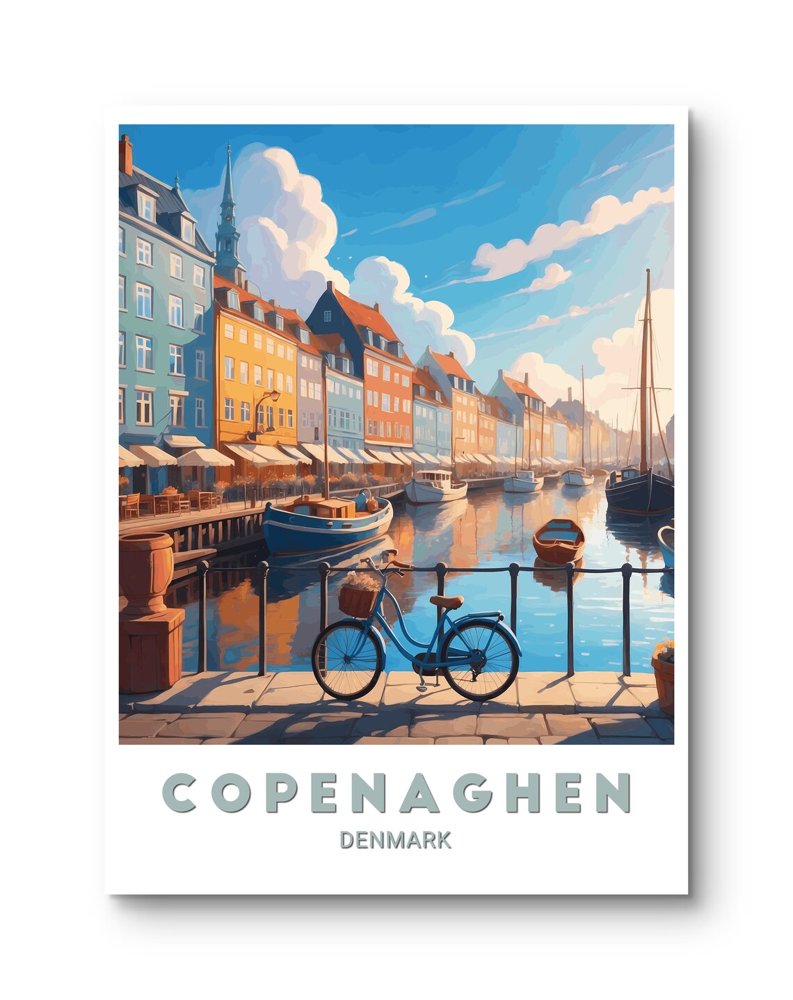 Copenhagen Nyhavn Waterfront Boats And Bicycle Denmark Travel Poster