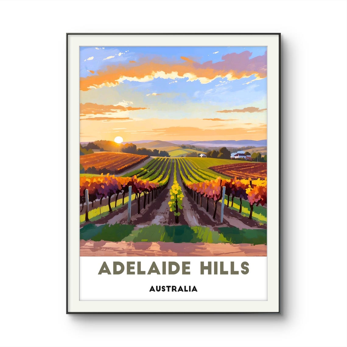 Adelaide Hills Australia Vineyard Rows At Sunset Travel Poster - Image 2