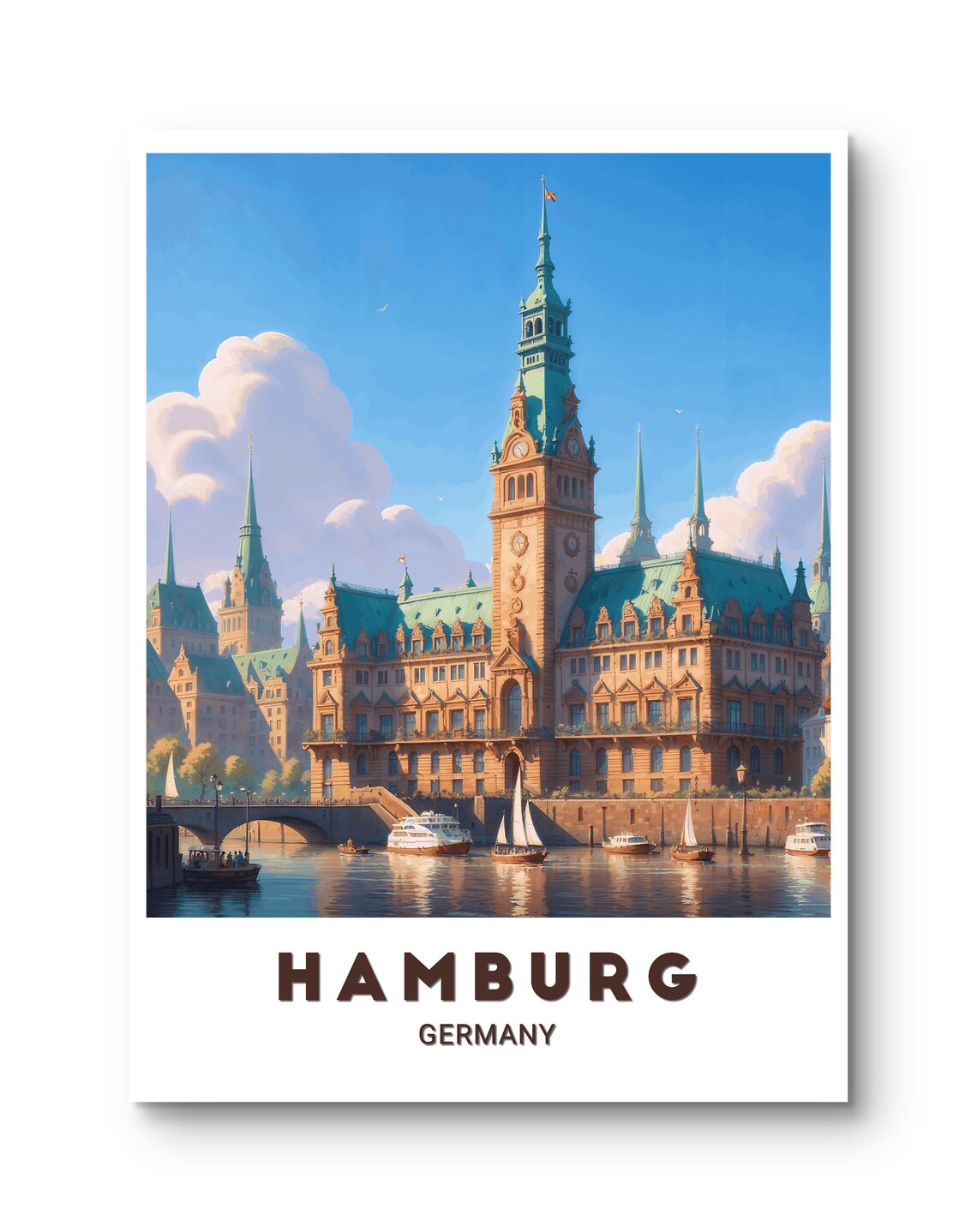 Hamburg Germany Rathaus City Hall Waterfront Boats Travel Poster