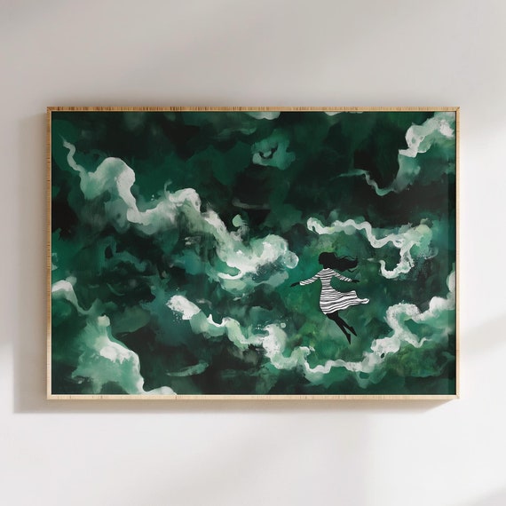 Abstract Surreal Art Print Woman Floating Through Green Cloudy Dreamscape Contemporary Wall Decor Minimalist Silhouette With Striped Print
